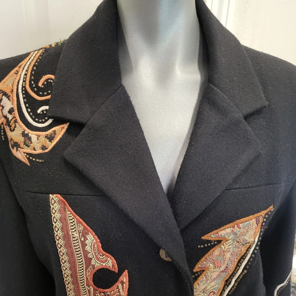 137B. Vtg. Alex Kim Embroidered Black Wool Blend Jacket/Coat - Size Large